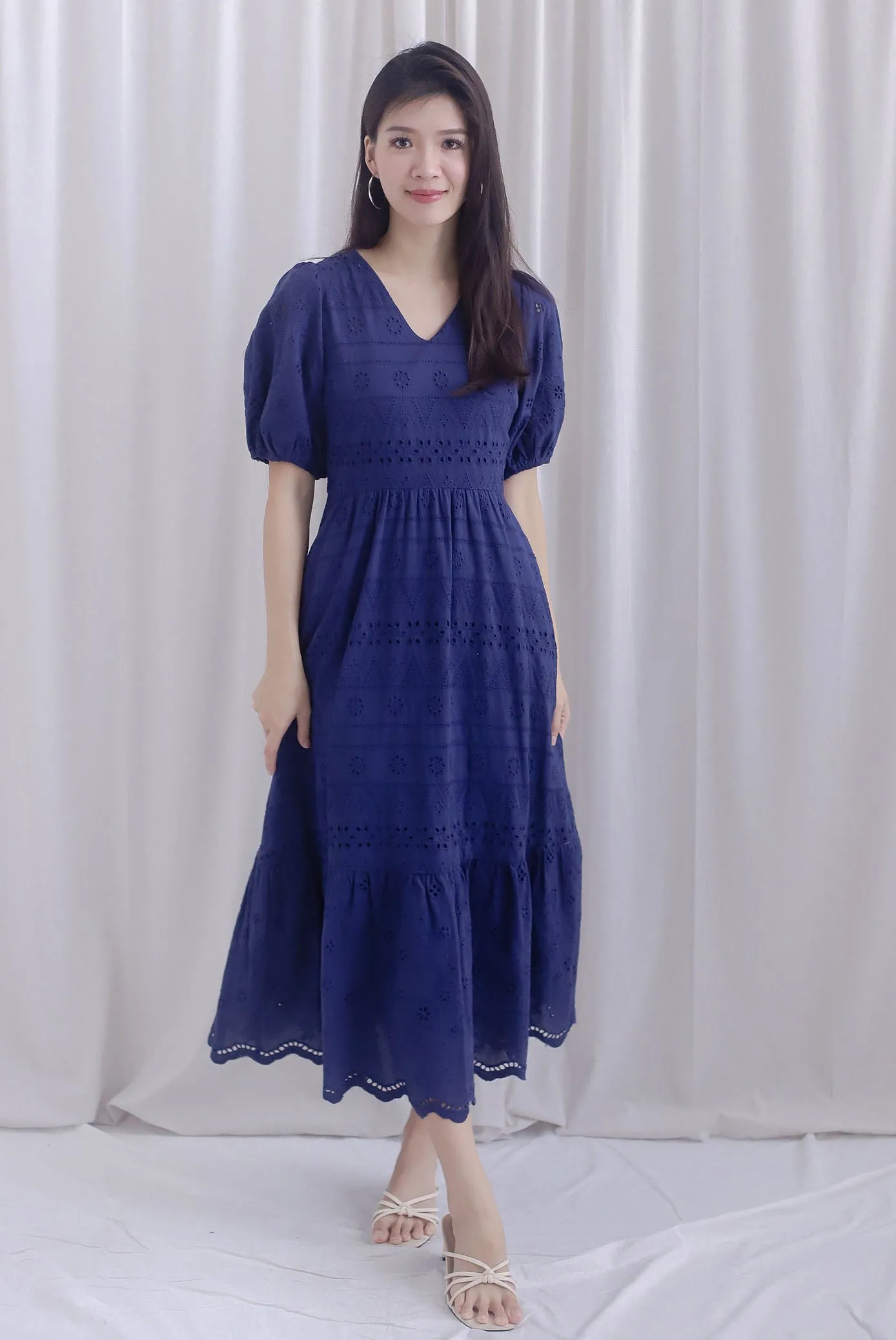 Juliette Eyelet Puffy Sleeve V Neck Midi Dress In Navy Blue