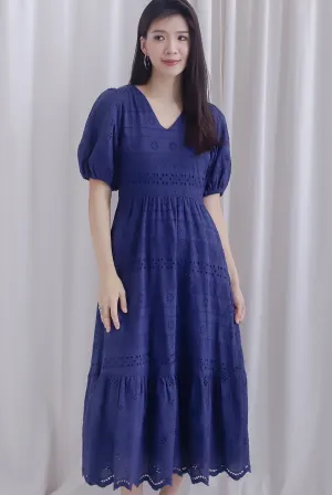 Juliette Eyelet Puffy Sleeve V Neck Midi Dress In Navy Blue