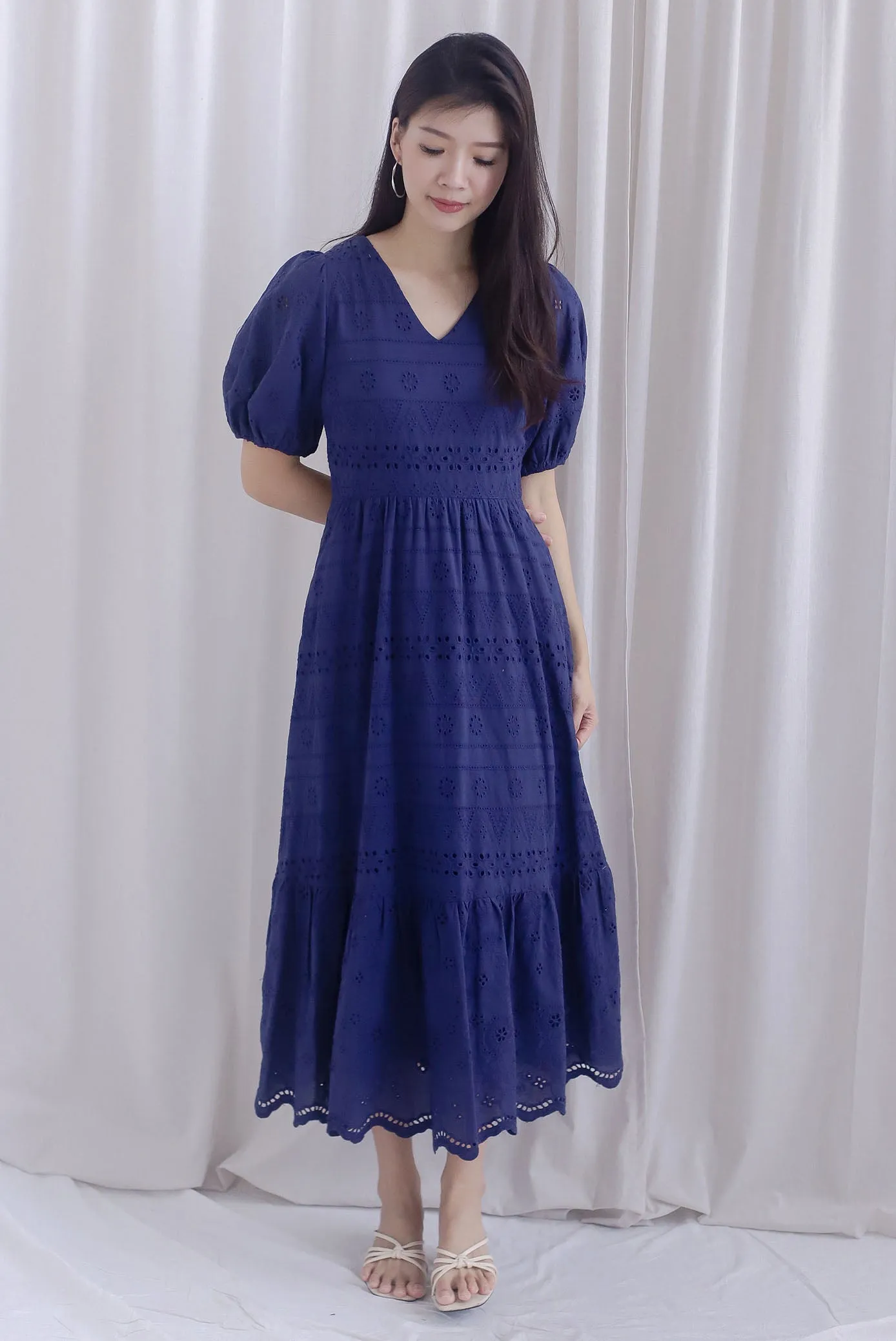 Juliette Eyelet Puffy Sleeve V Neck Midi Dress In Navy Blue