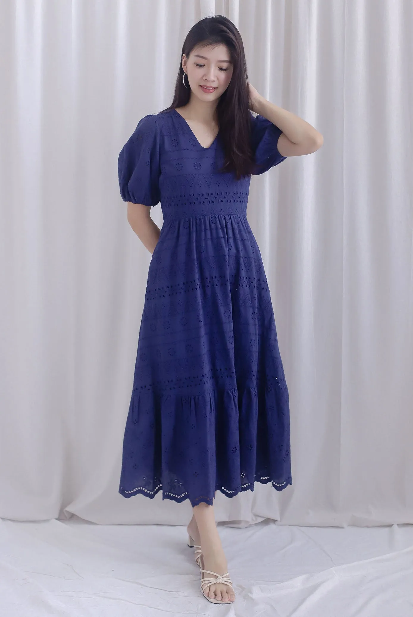 Juliette Eyelet Puffy Sleeve V Neck Midi Dress In Navy Blue