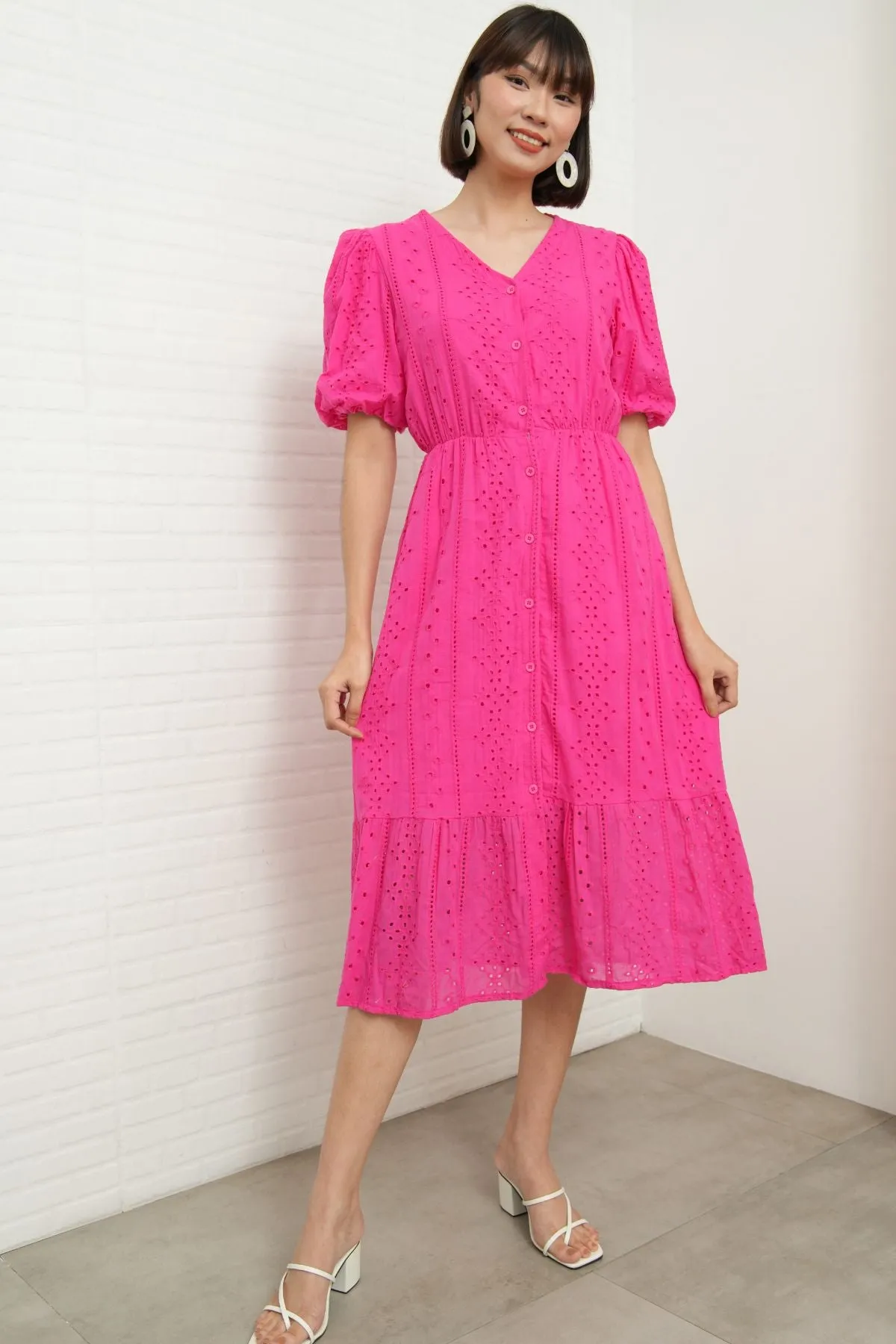 JURIA Puff-Sleeve Button-Down Broderie Dress (Magenta Pink)