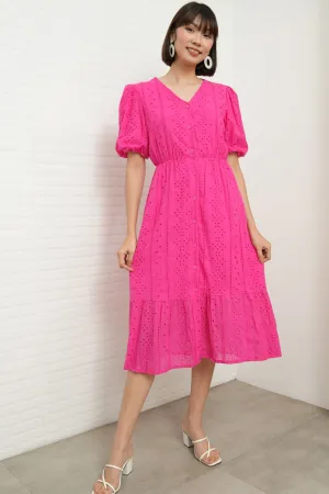 JURIA Puff-Sleeve Button-Down Broderie Dress (Magenta Pink)