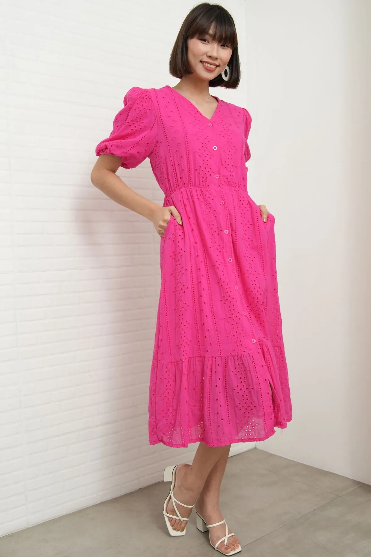 JURIA Puff-Sleeve Button-Down Broderie Dress (Magenta Pink)