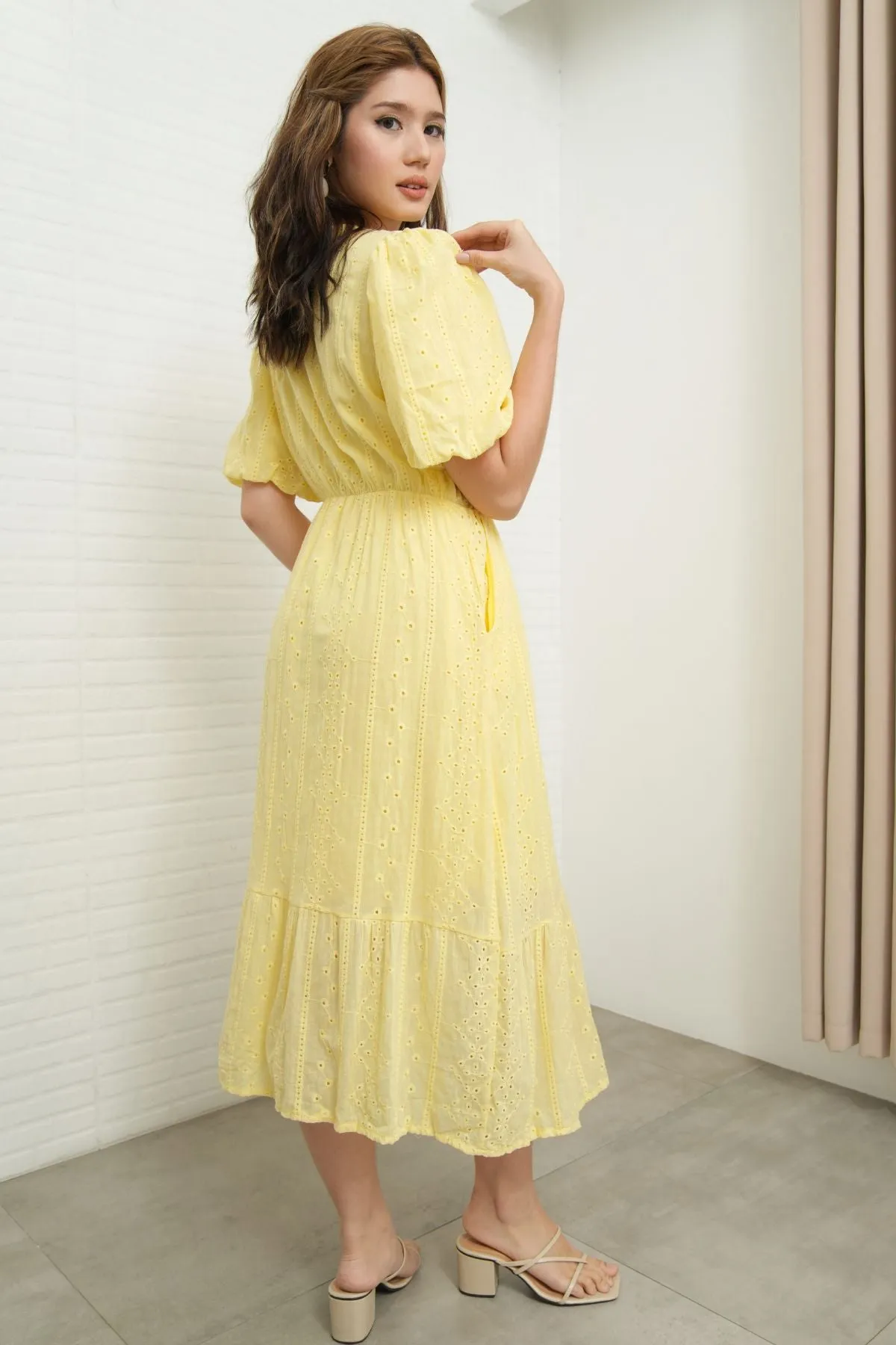 JURIA Puff-Sleeve Button-Down Broderie Dress (Pastel Yellow)