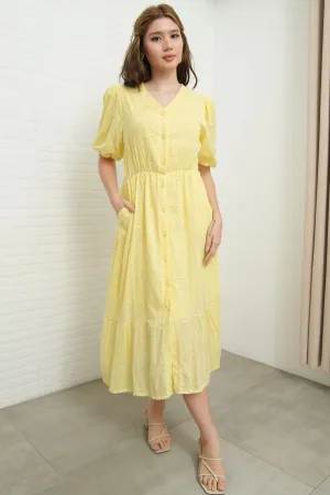 JURIA Puff-Sleeve Button-Down Broderie Dress (Pastel Yellow)