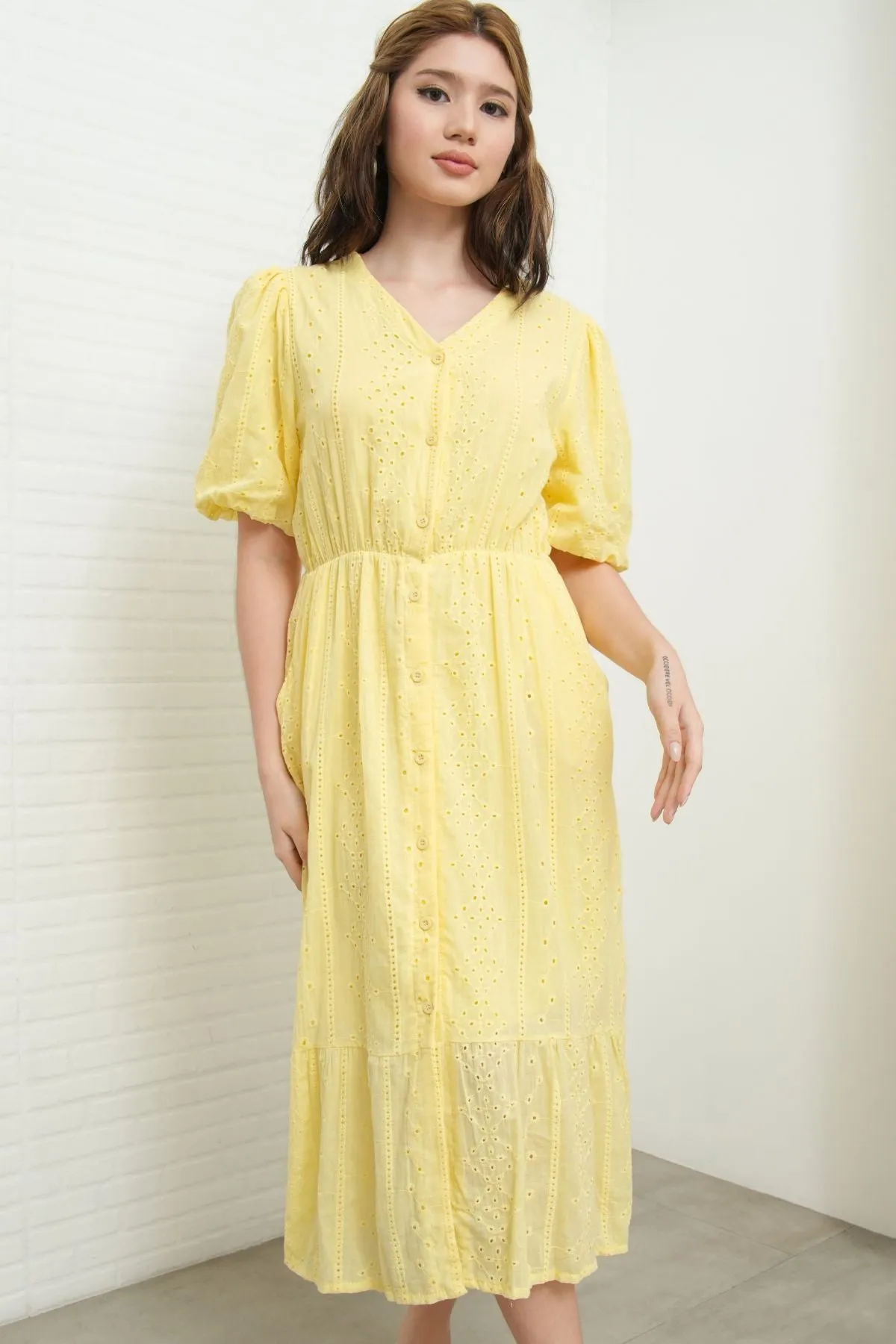 JURIA Puff-Sleeve Button-Down Broderie Dress (Pastel Yellow)