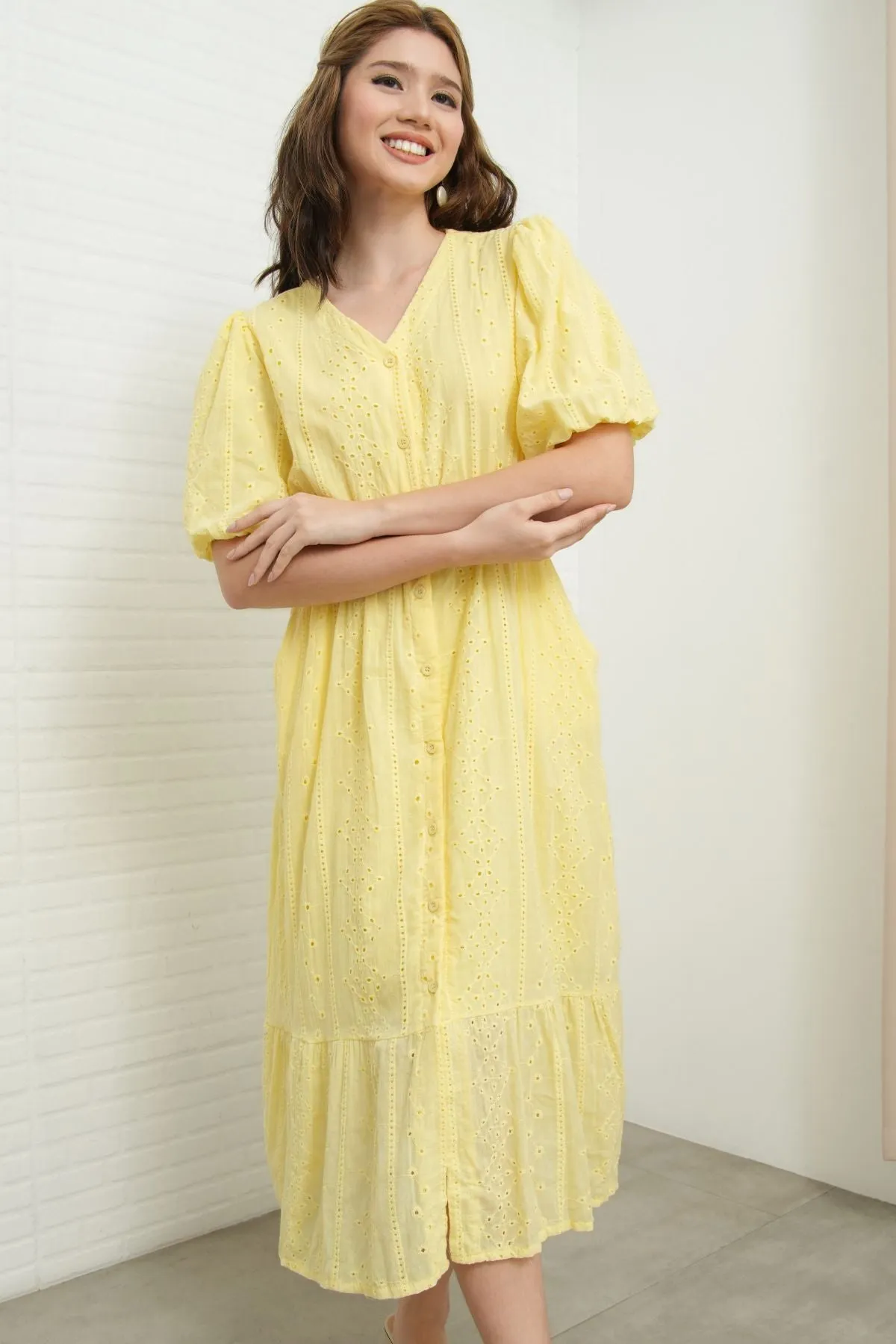 JURIA Puff-Sleeve Button-Down Broderie Dress (Pastel Yellow)