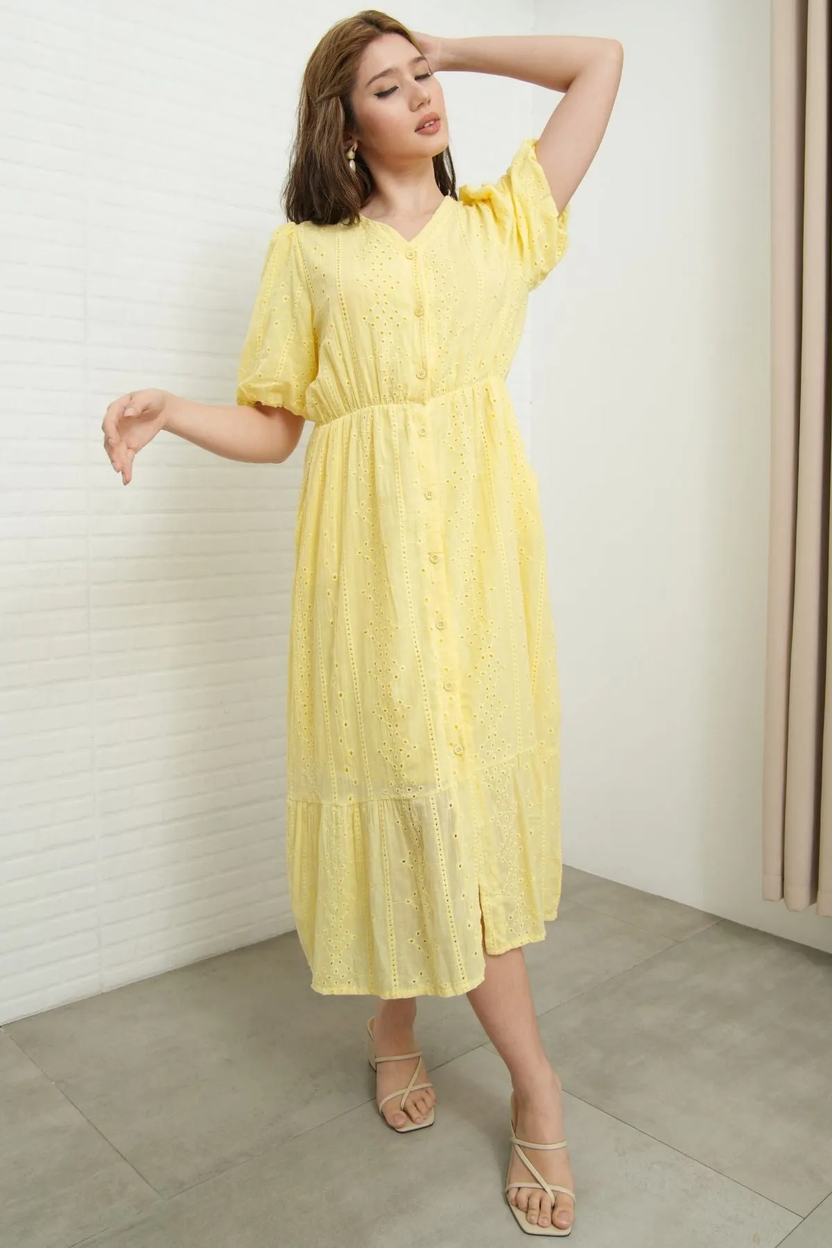 JURIA Puff-Sleeve Button-Down Broderie Dress (Pastel Yellow)