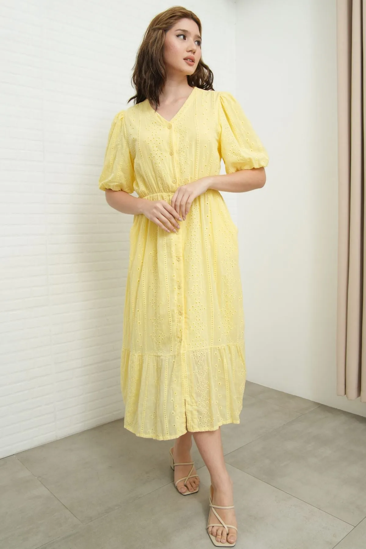 JURIA Puff-Sleeve Button-Down Broderie Dress (Pastel Yellow)