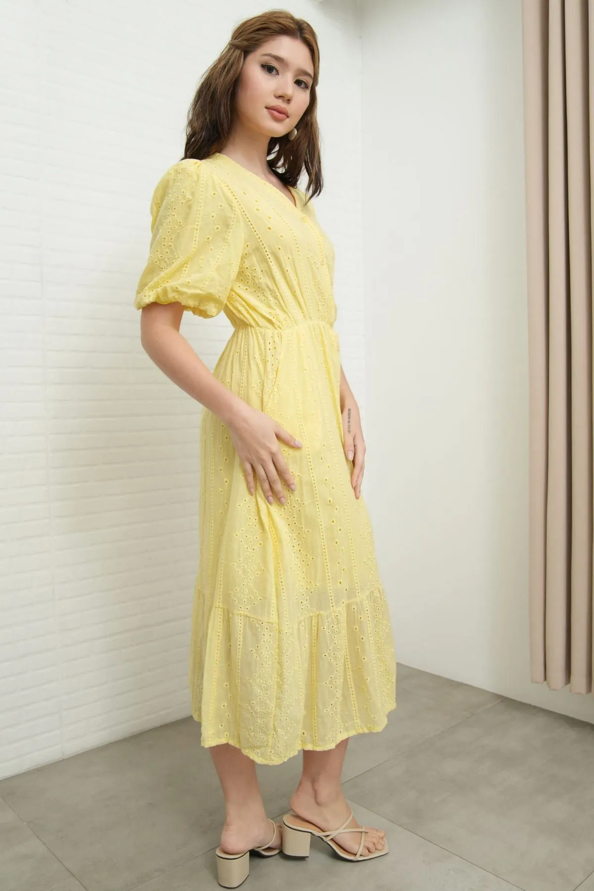JURIA Puff-Sleeve Button-Down Broderie Dress (Pastel Yellow)