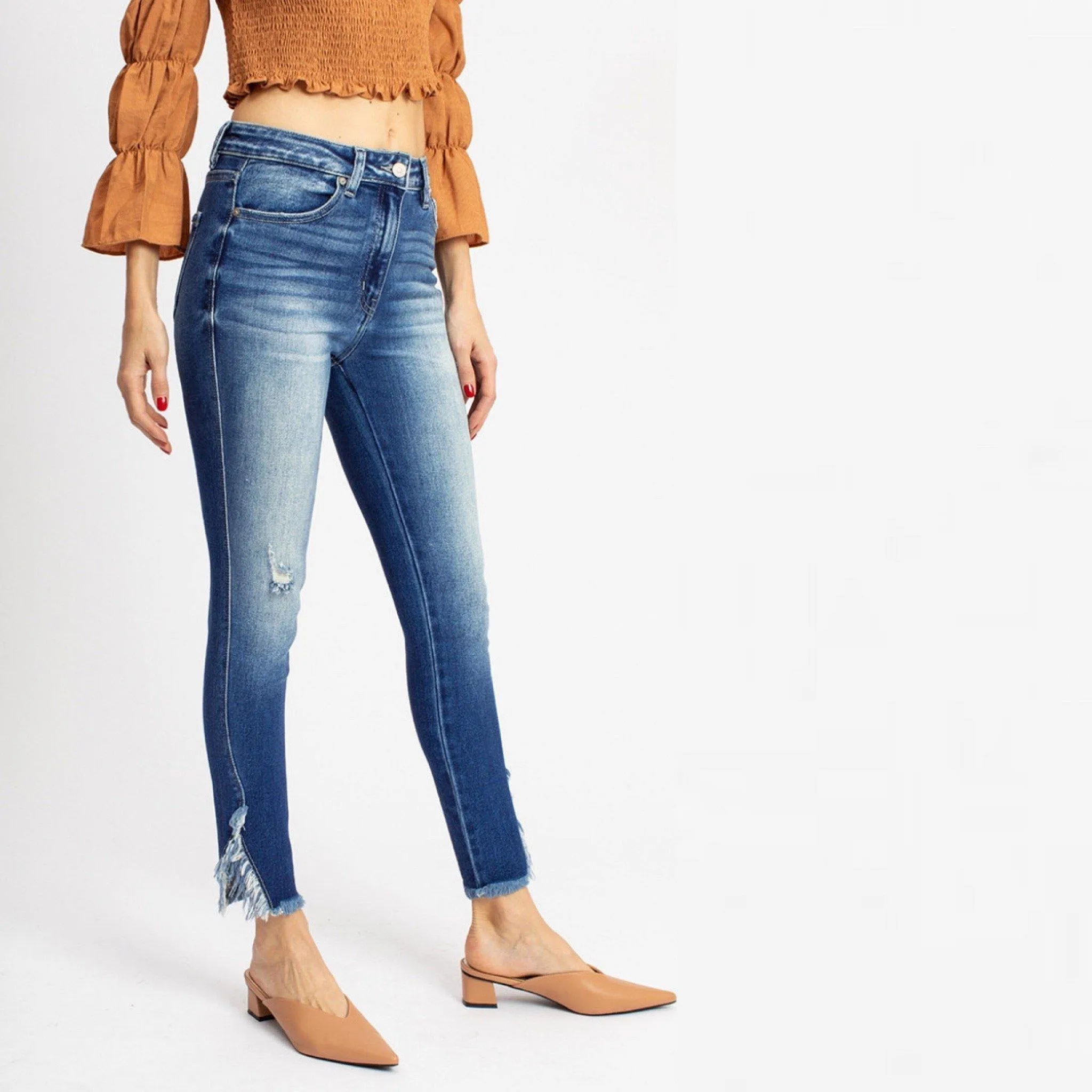 KANCAN KC9167QM High Rise Fringe Side Hem Skinny Jeans