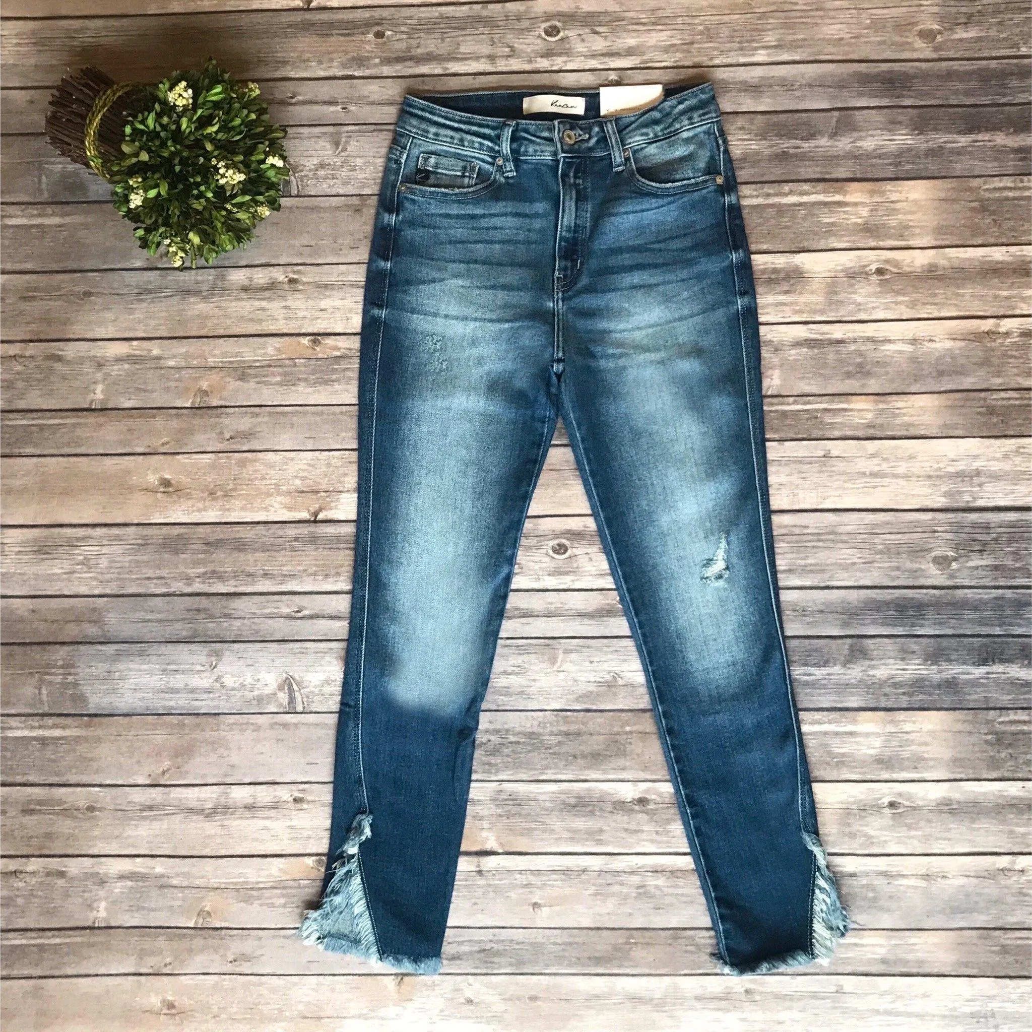 KANCAN KC9167QM High Rise Fringe Side Hem Skinny Jeans
