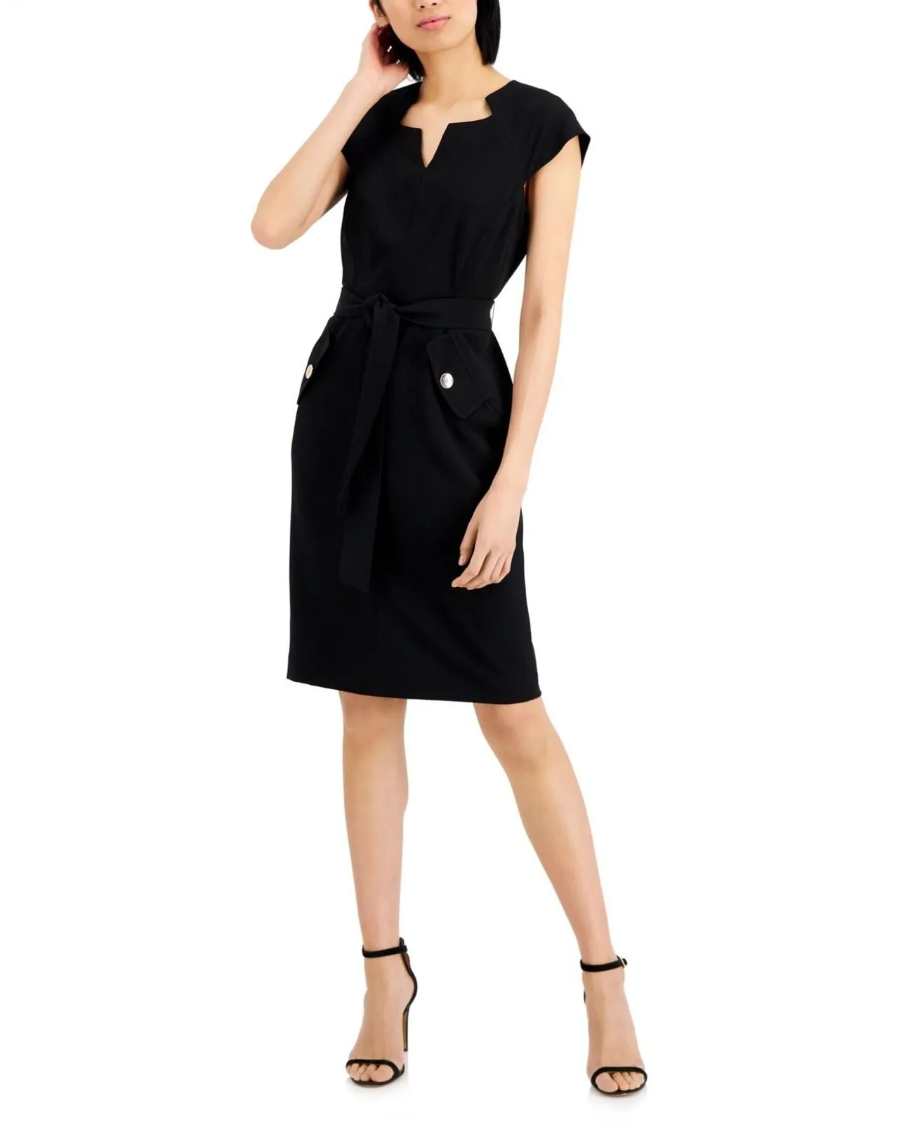 Kasper Womens Short Sleeve Belted Sheath Dress 10824696 Black 4