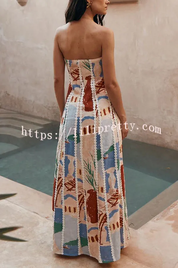 Kelia Ric Rac Trims Unique Print Strapless Pocket Flared Maxi Dress