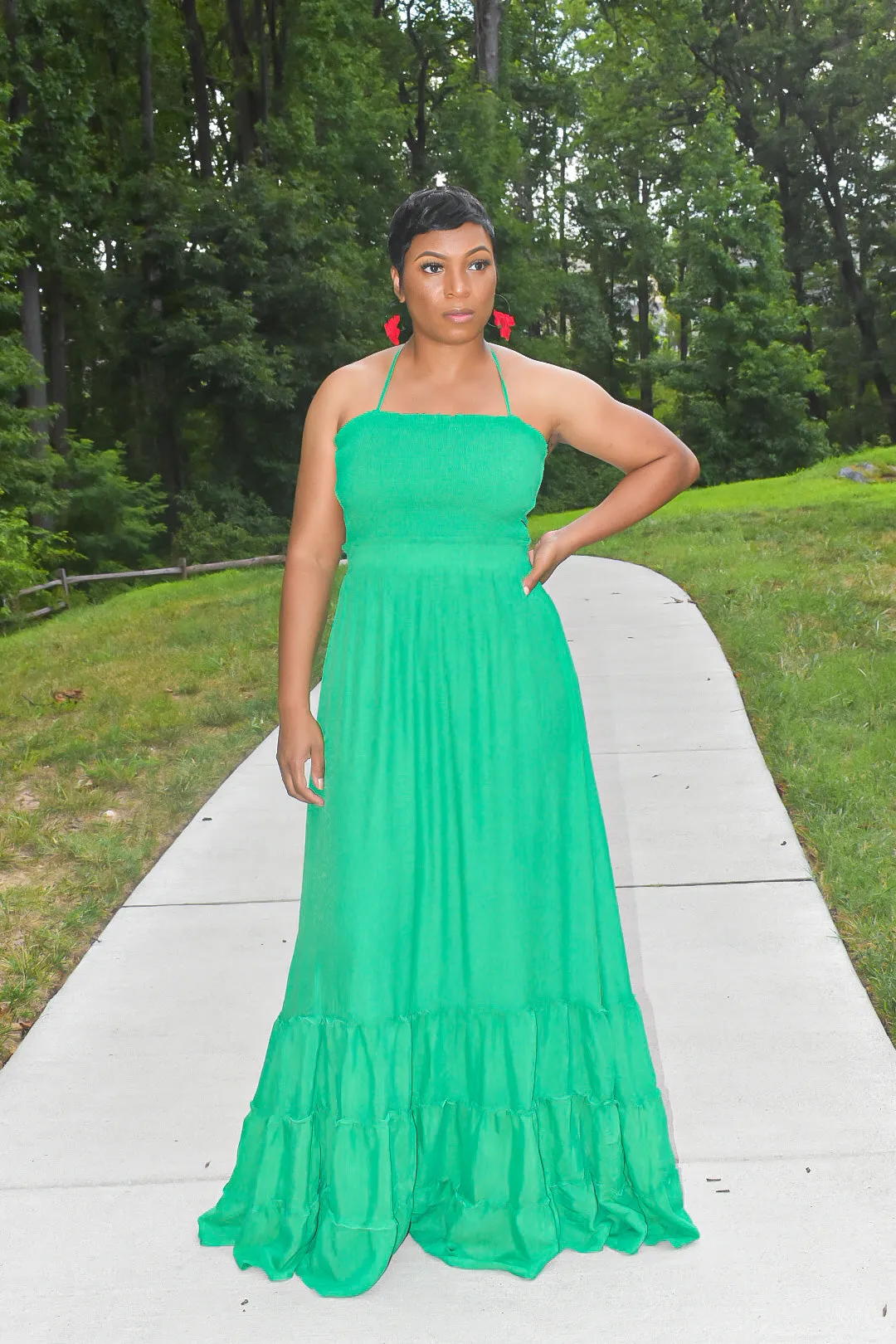 Kelly Green Smock Maxi Dress with Ruffled Hem