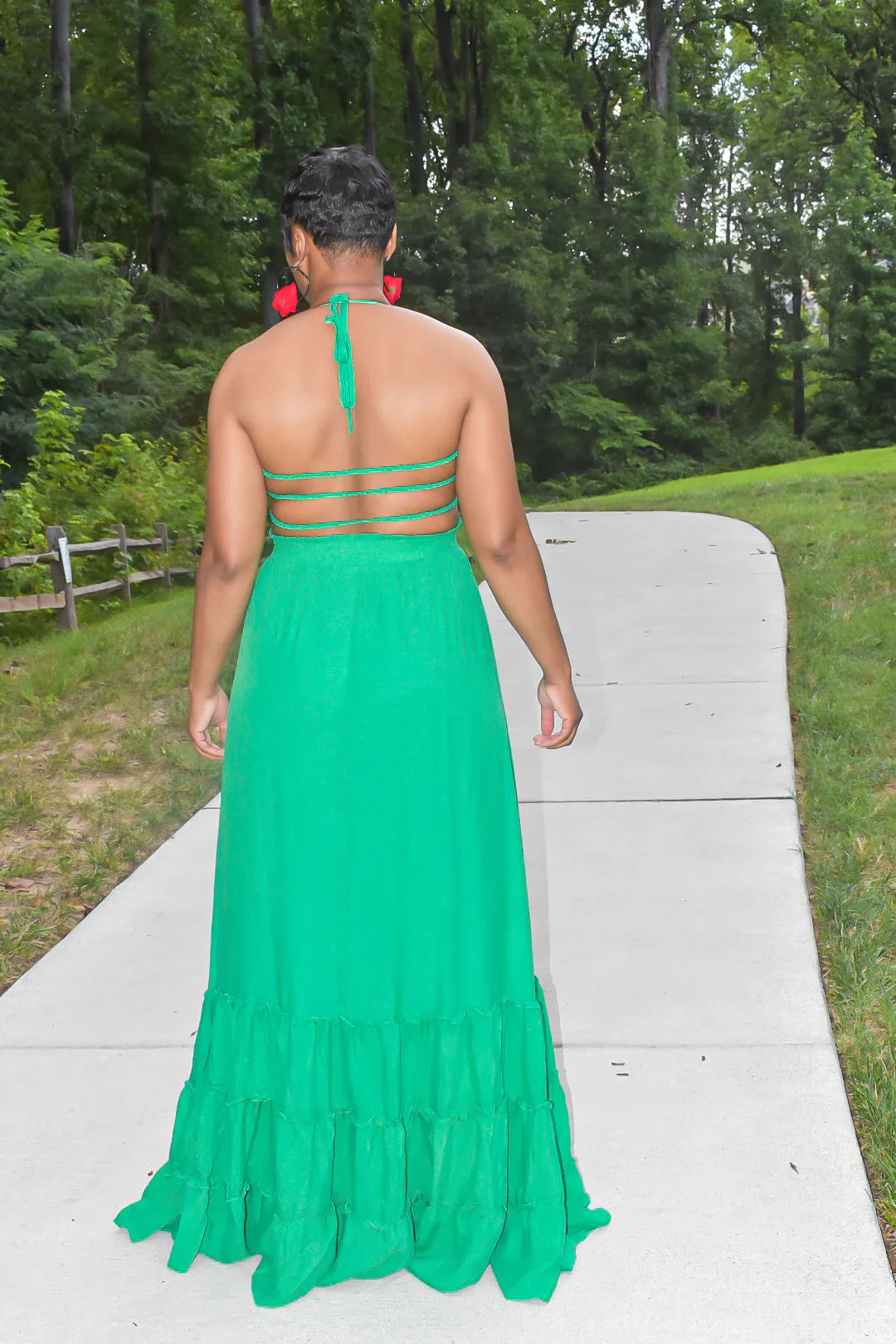 Kelly Green Smock Maxi Dress with Ruffled Hem
