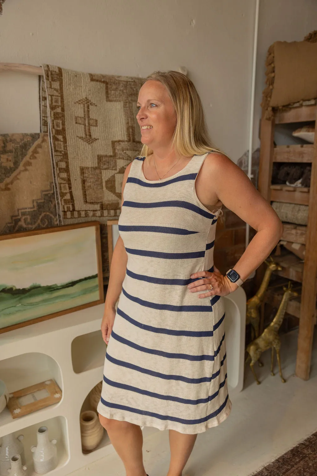 KENDRA KNITTED NAVY AND CREAM STRIPED DRESS