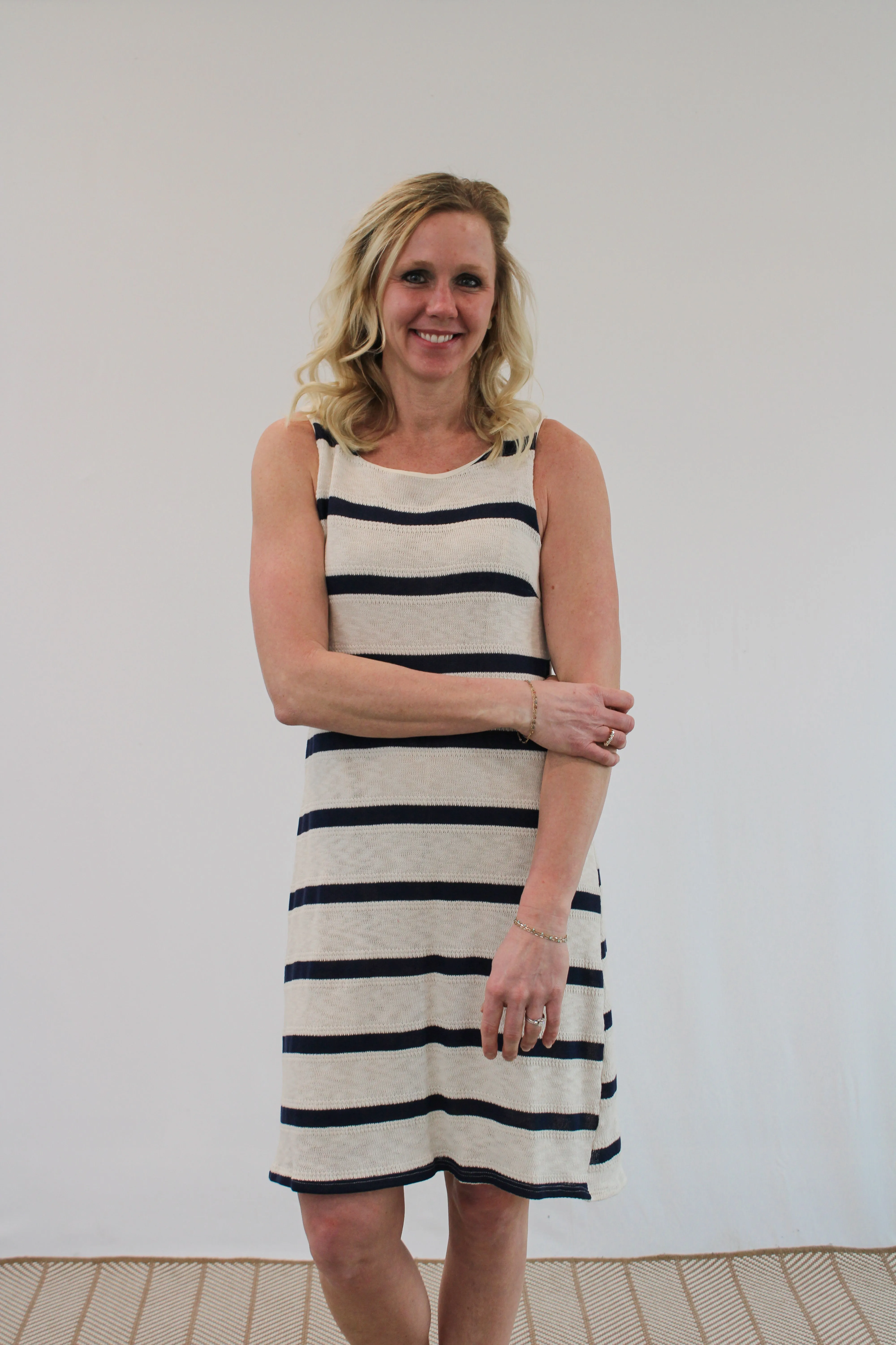 KENDRA KNITTED NAVY AND CREAM STRIPED DRESS