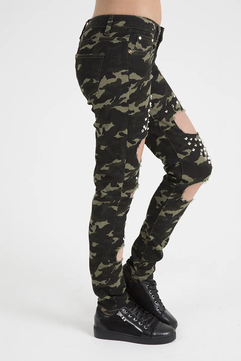 Khaki Camo Studded Ripped Jeans - Christina
