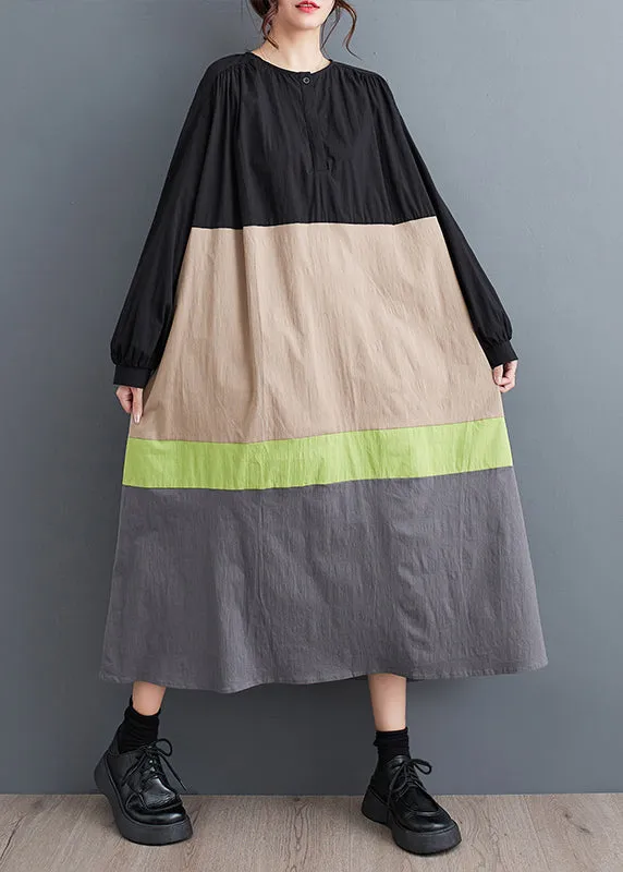 Khaki Loose Patchwork Cotton Long Dresses O Neck Fall