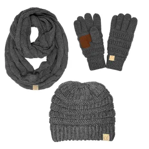Kids 3 Pack Matching Set: Beanie, Infinity Scarf & Gloves - Charcoal