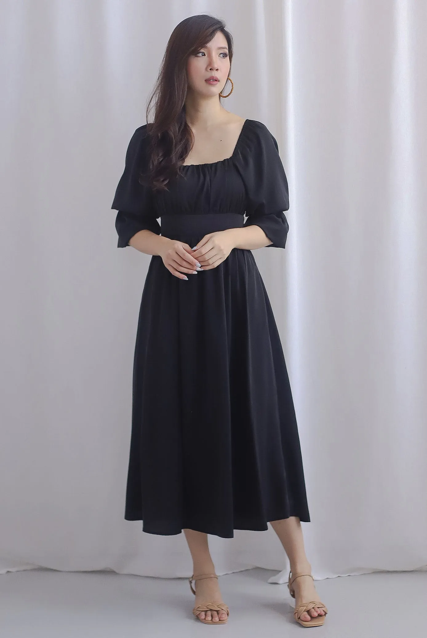 Krystal Double Poof Open Back Dress In Black