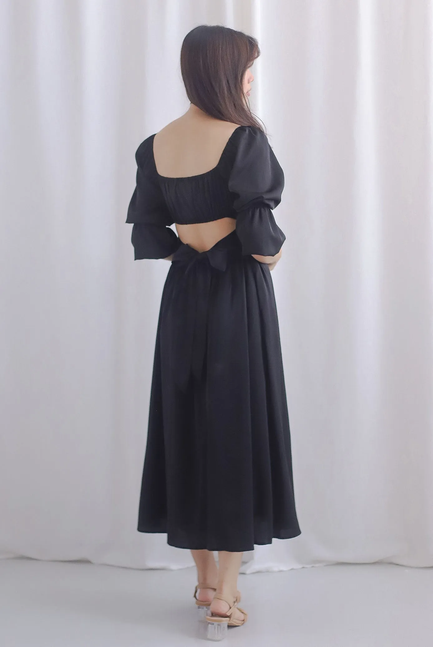 Krystal Double Poof Open Back Dress In Black