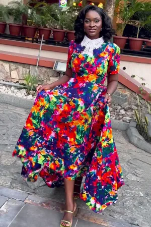Lace Collar Floral Asymmetric Vacation Maxi Dresses-Multicolor [Pre Order]