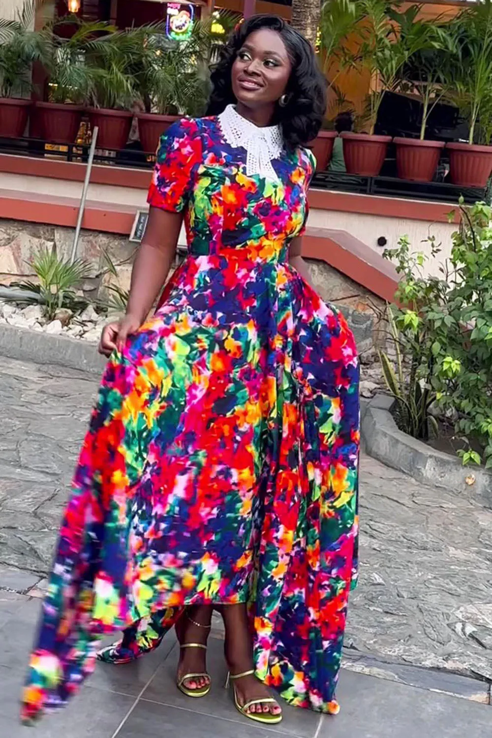 Lace Collar Floral Asymmetric Vacation Maxi Dresses-Multicolor [Pre Order]