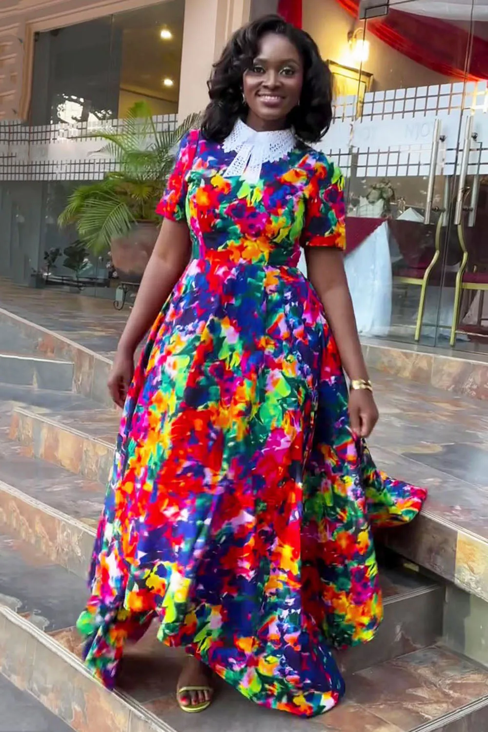 Lace Collar Floral Asymmetric Vacation Maxi Dresses-Multicolor [Pre Order]