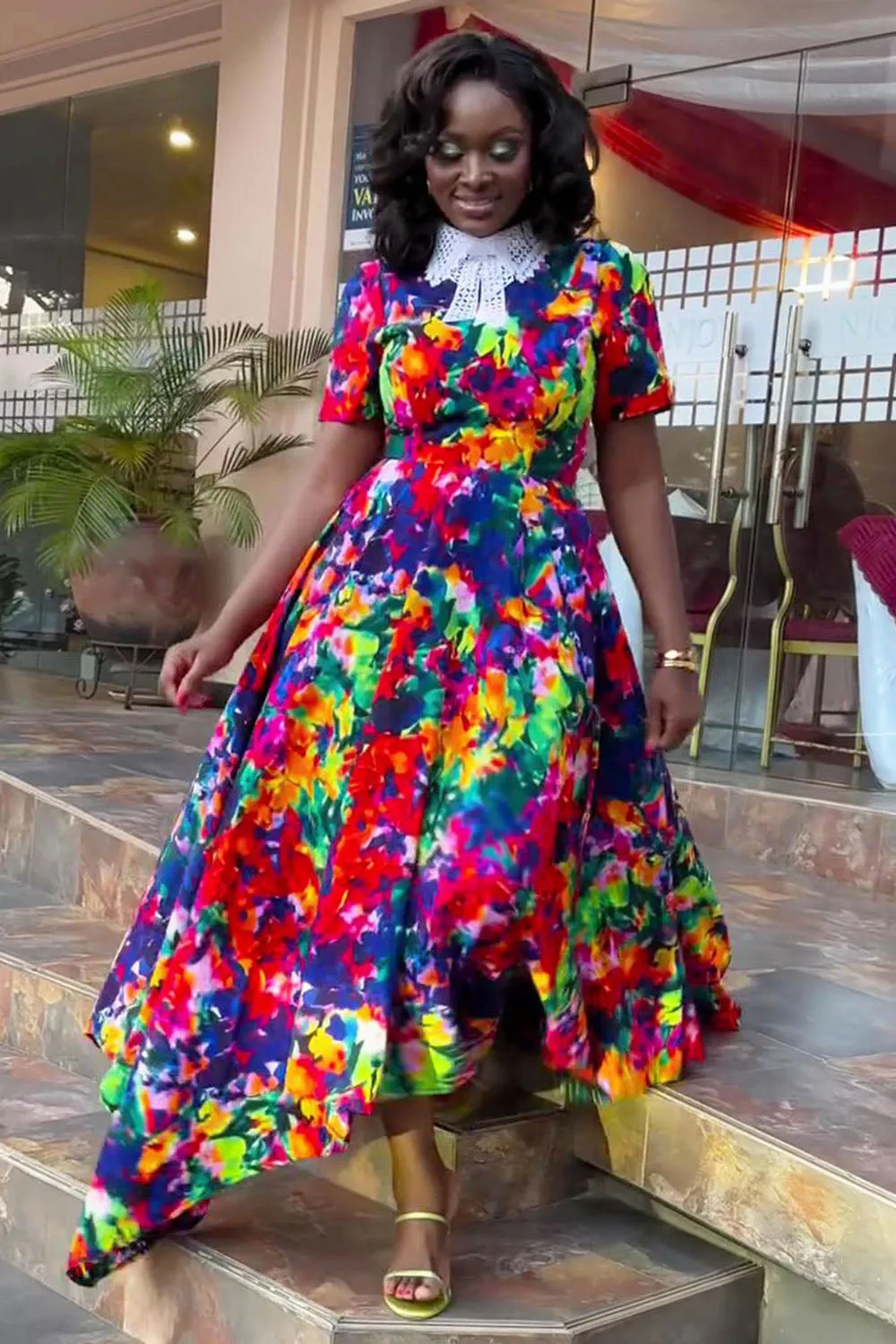 Lace Collar Floral Asymmetric Vacation Maxi Dresses-Multicolor [Pre Order]