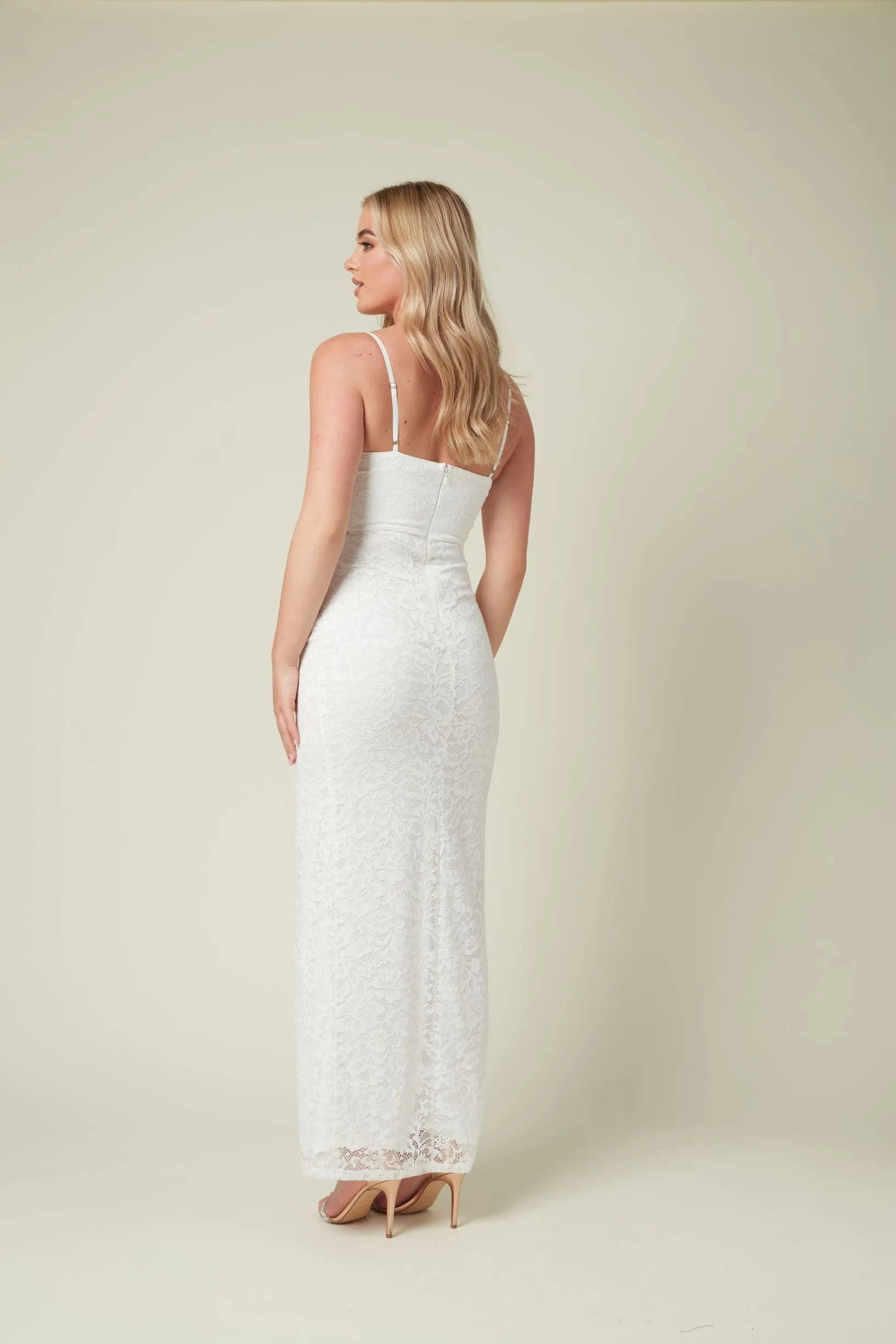 Lace Maxi Dress with Front Slit in White