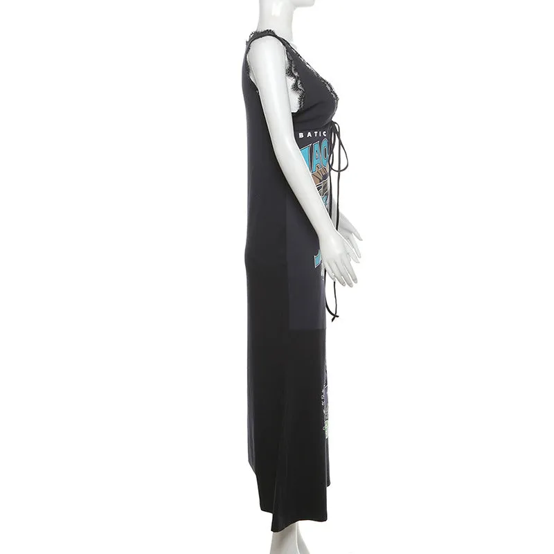 Lace Trim V Neck Fan GIrl Maxi Dress