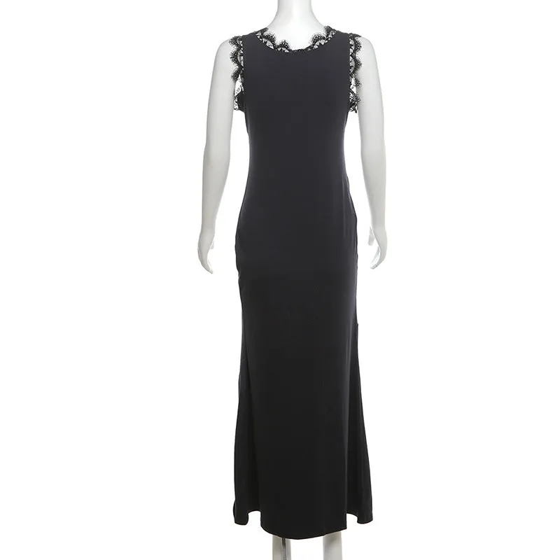 Lace Trim V Neck Fan GIrl Maxi Dress