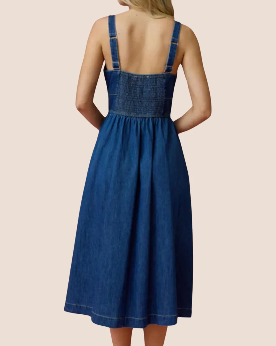 Lace Up Sleeveless Denim Midi Dress