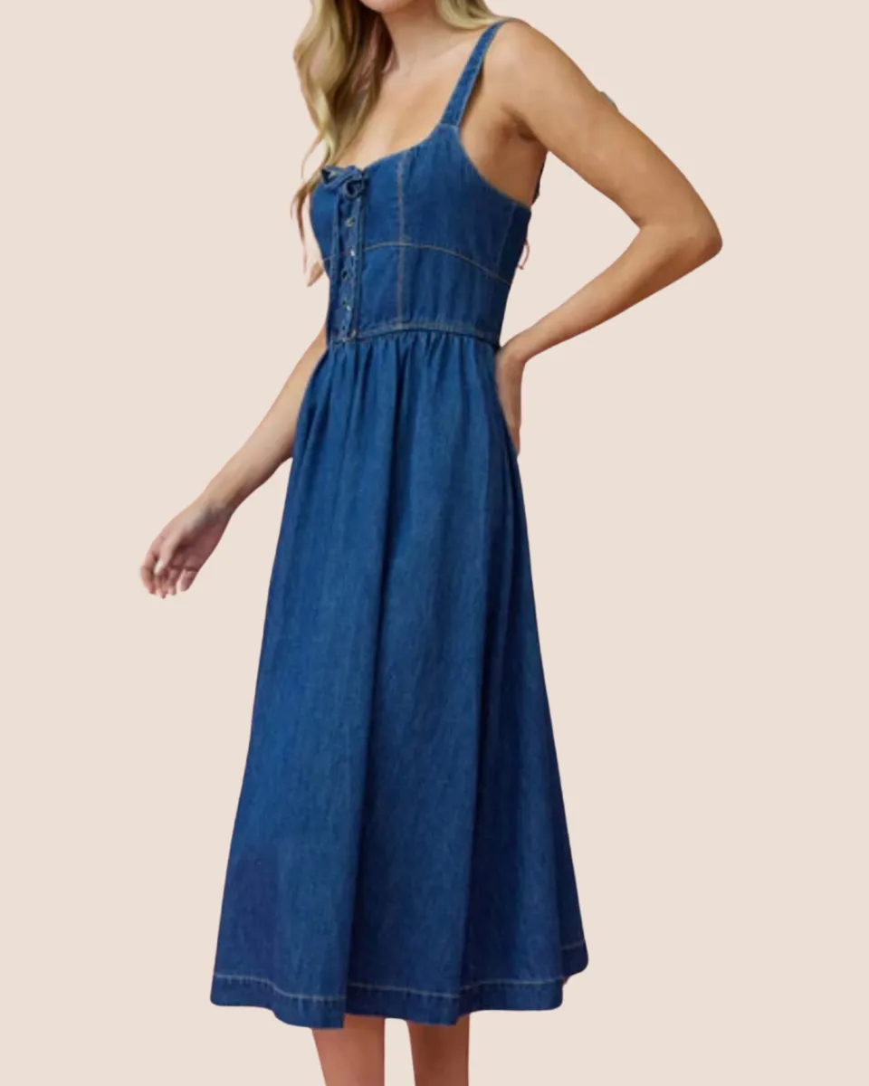 Lace Up Sleeveless Denim Midi Dress