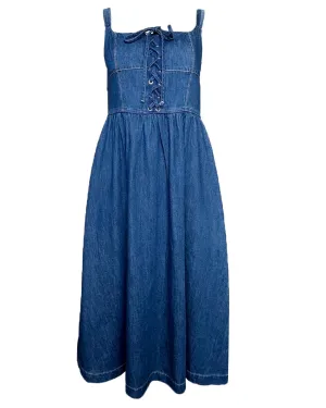 Lace Up Sleeveless Denim Midi Dress