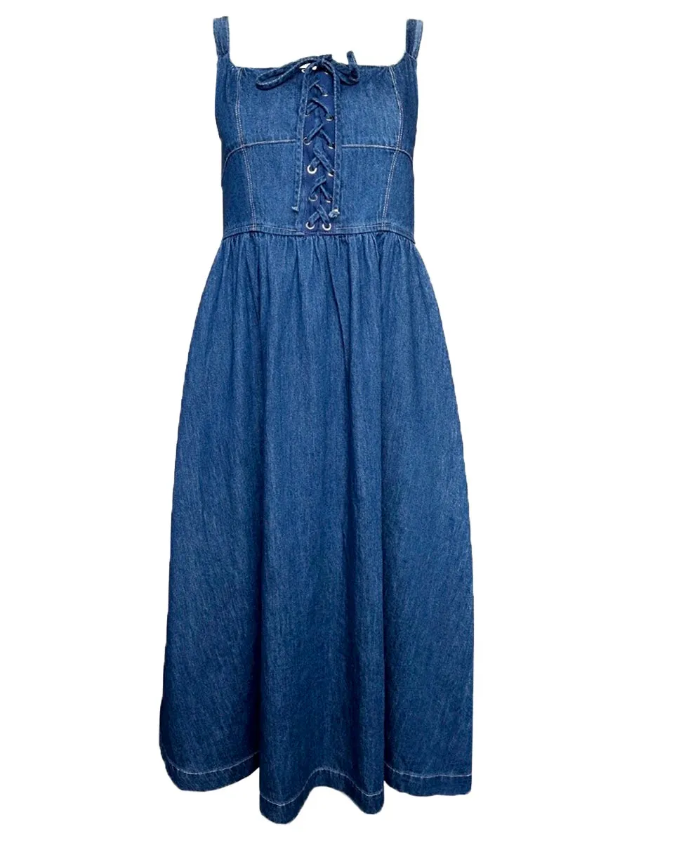 Lace Up Sleeveless Denim Midi Dress