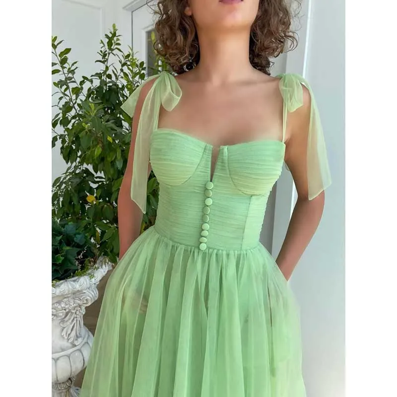 Lace-Up Spaghetti Straps Homecoming Dresses Tea Length Tulle Prom Dress with Pockets