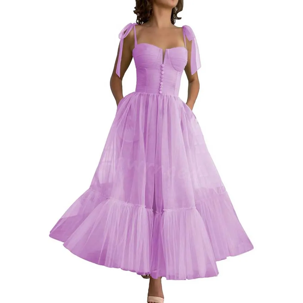 Lace-Up Spaghetti Straps Homecoming Dresses Tea Length Tulle Prom Dress with Pockets