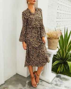 Lady In Love Leopard Print Long Sleeve Midi Dress - Coffee