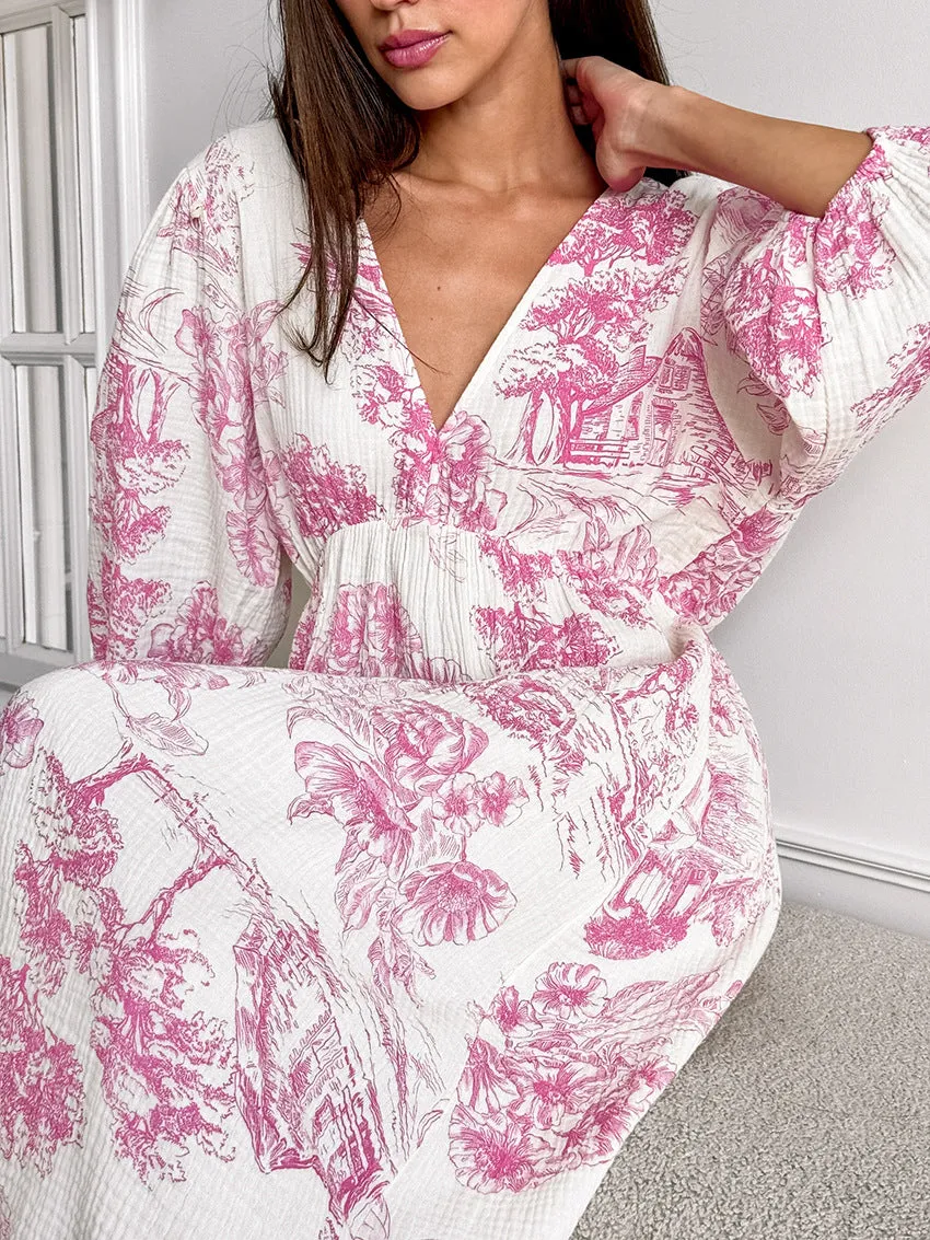Lantern Sleeve V-Neck Printed Lace-Up Maxi Dress