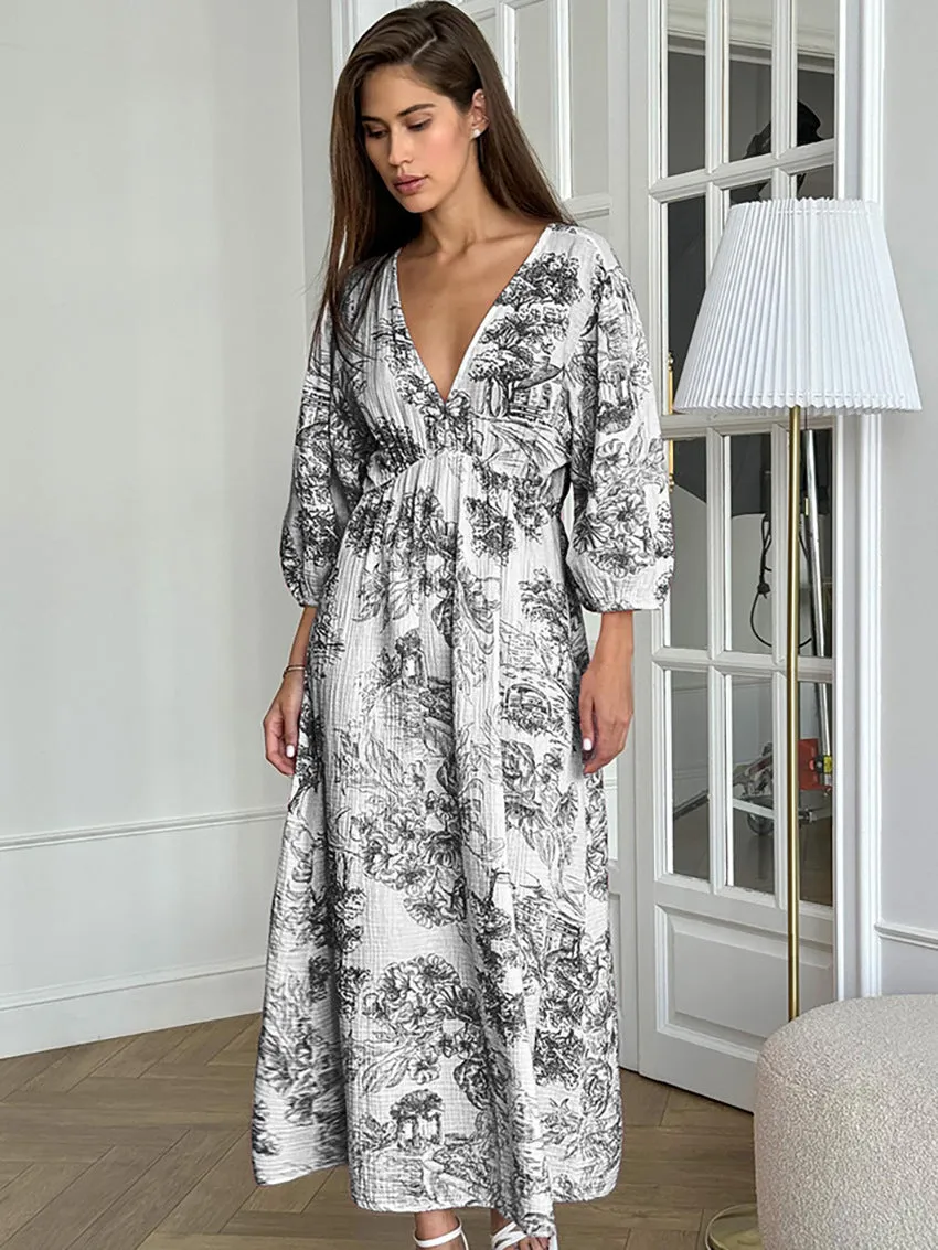Lantern Sleeve V-Neck Printed Lace-Up Maxi Dress