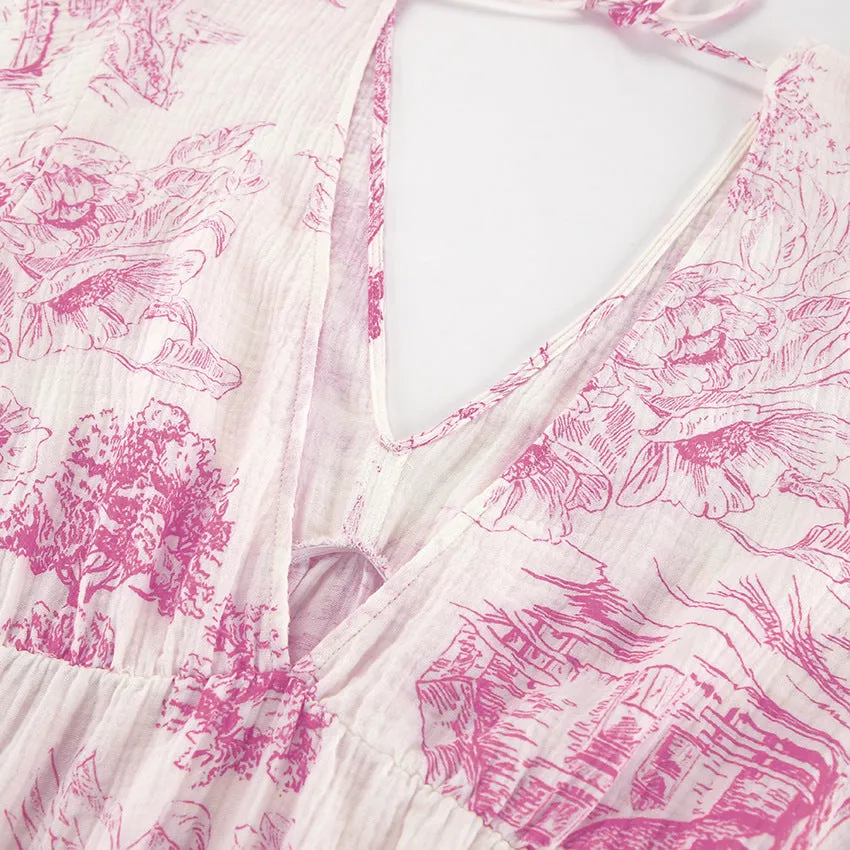 Lantern Sleeve V-Neck Printed Lace-Up Maxi Dress