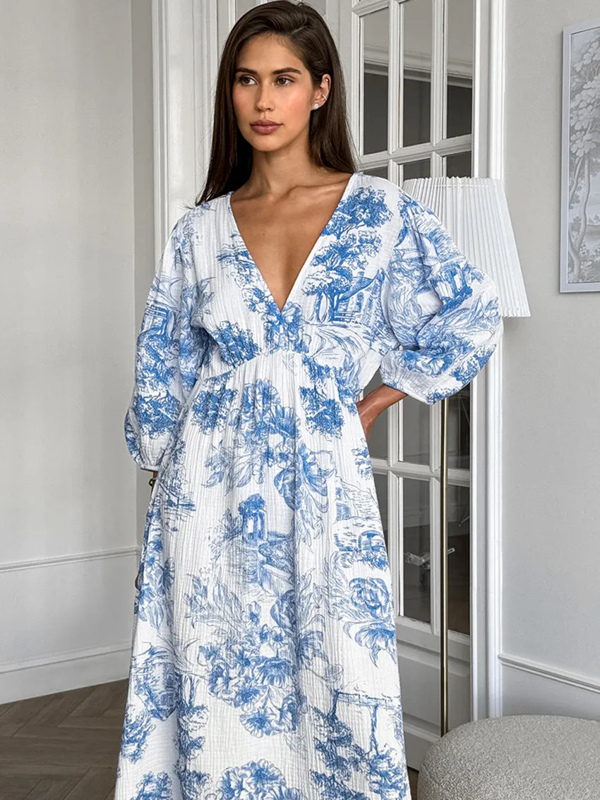 Lantern Sleeve V-Neck Printed Lace-Up Maxi Dress