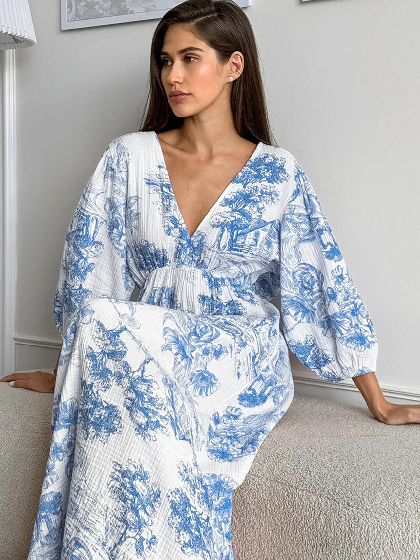 Lantern Sleeve V-Neck Printed Lace-Up Maxi Dress
