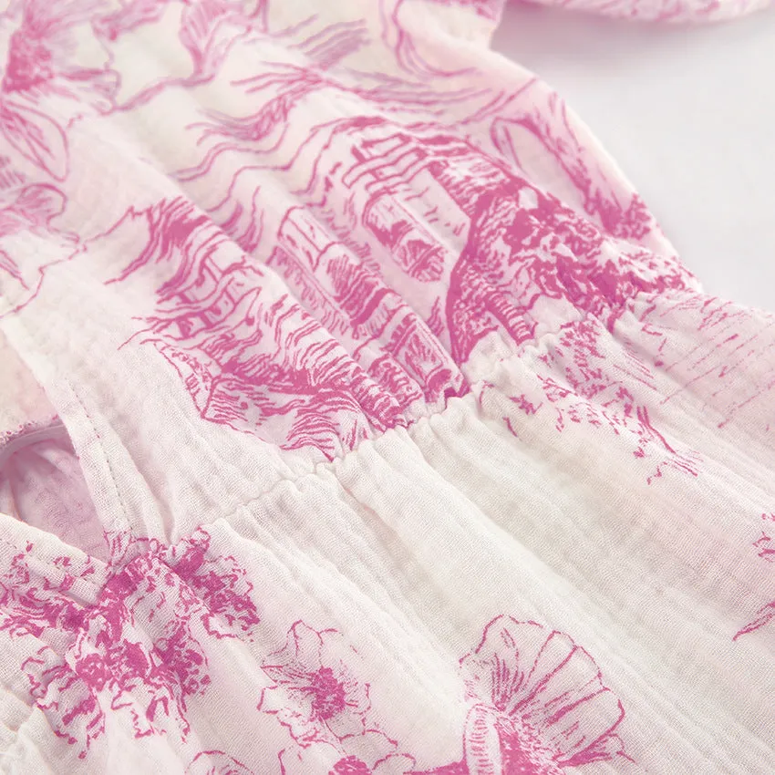 Lantern Sleeve V-Neck Printed Lace-Up Maxi Dress
