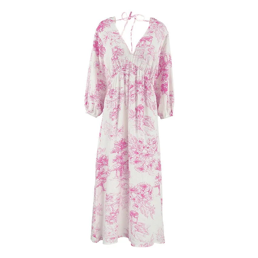 Lantern Sleeve V-Neck Printed Lace-Up Maxi Dress