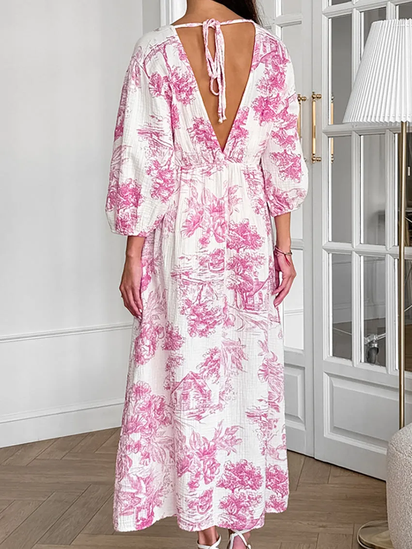 Lantern Sleeve V-Neck Printed Lace-Up Maxi Dress