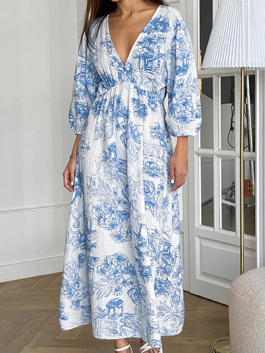 Lantern Sleeve V-Neck Printed Lace-Up Maxi Dress